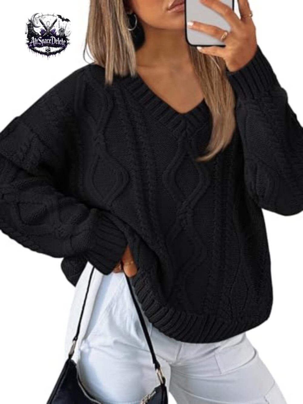 Cable Knit V-Neck Oversized Pullover Sweater Cotton Acrylic Cozy Fall
